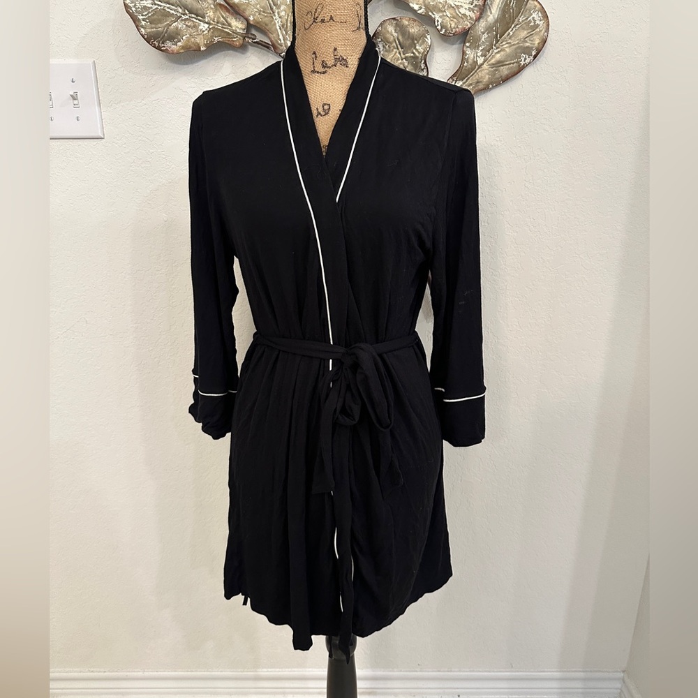 Étam Paris Black Belted Robe with White Piping Trim – Size M - Picture 3 of 8